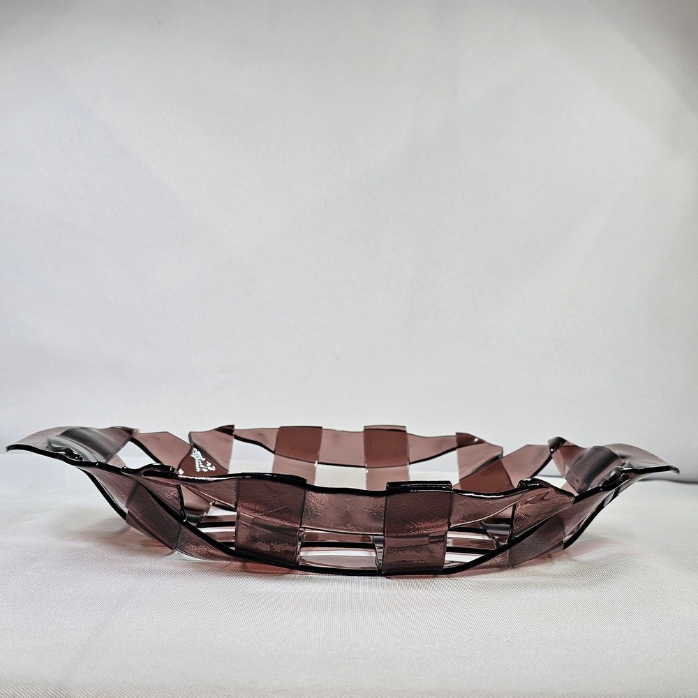Amethyst Purple Fused Glass Woven Lattice Bowl Pie Dish Art Glass Centerpiece - Picture 10 of 10